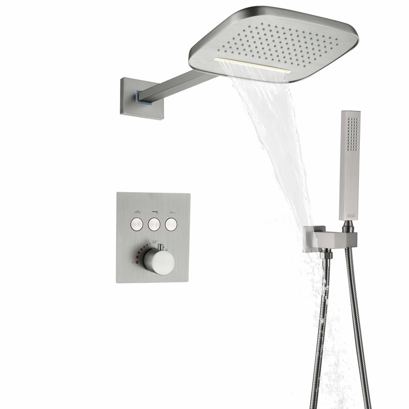 Bathroom shower concealed shower head thermostatic button three-function main body rain waterfall shower suit