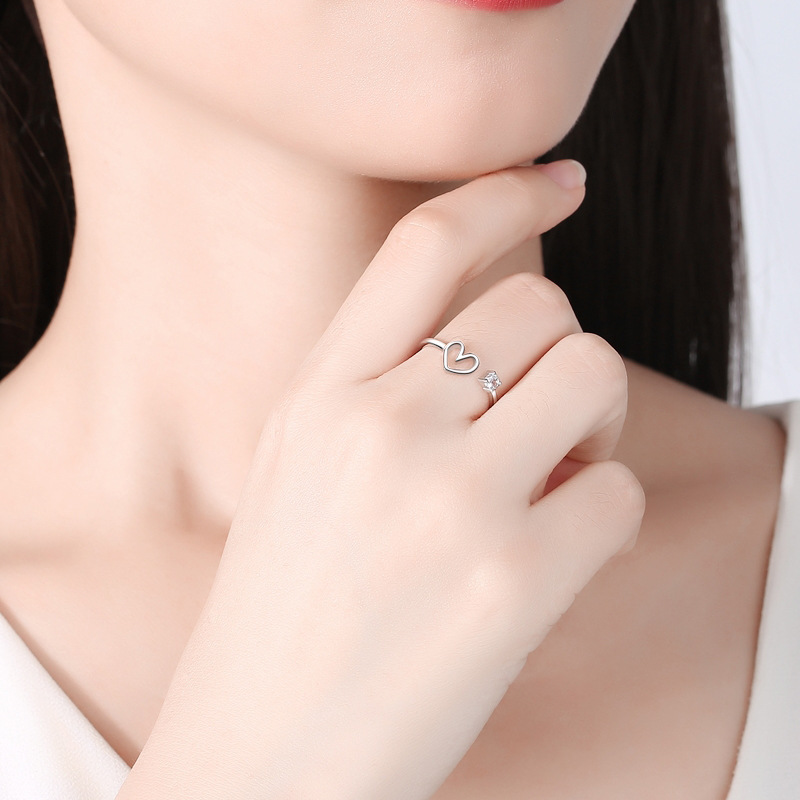 Anillo de dedo índice de boca abierta estilo japonés y coreano hueco en forma de corazón creativo plata esterlina S925 anillo geométrico en forma de corazón de niña