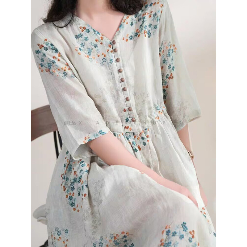 Vintage Small Floral Cotton Linen dress Women's 2025 New Loose Slimming Drawstring Waist Vacation Dress