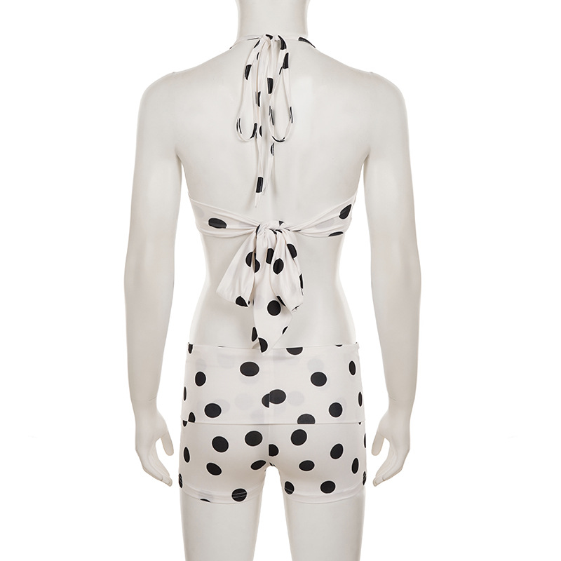 European And American Retro Beach Resort Hot Spring Polka Dot Sexy Bikini Set With Halter Neck Top + Solid Color Shorts_ecoleips.com