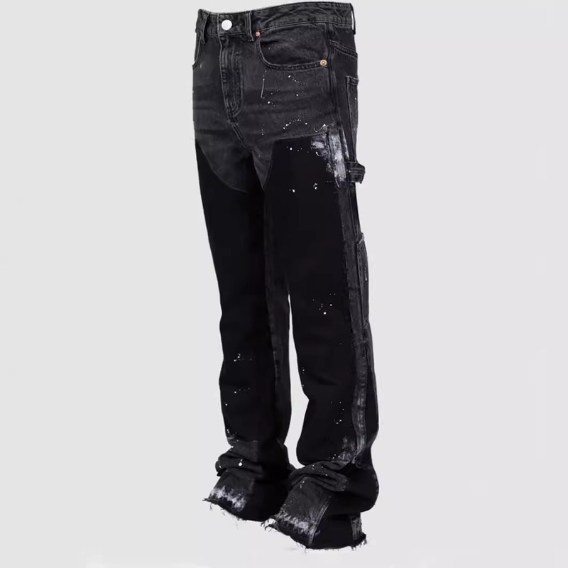 Men's Denim Cargo Pants European and American Fashion Ins Workwear Stretch Patch Denim Layered Flared Pants