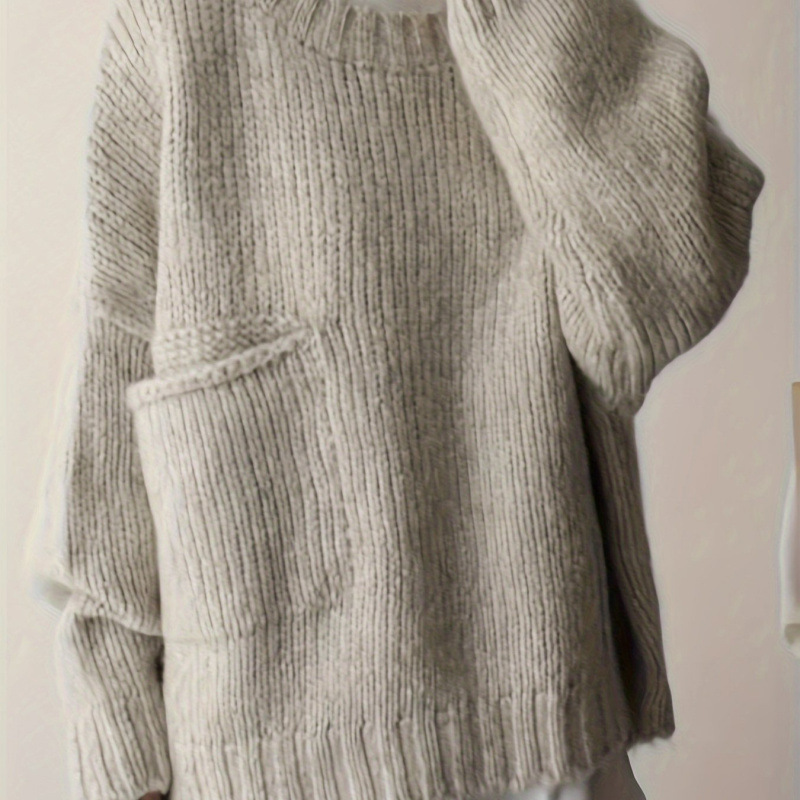 Plus Size Solid Pocket Crew Neck Sweater Casual Long Sle跨境|undefined