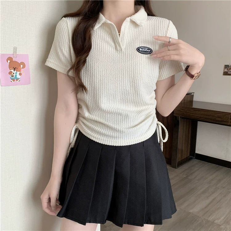 Large size American front shoulder polo neck short sleeved t-shirt for women 2024 new summer chubby mm top design_voghion.com