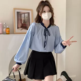 设计感长袖衬衫女2026春秋韩版新款灯笼袖上衣百搭宽松系带衬衣