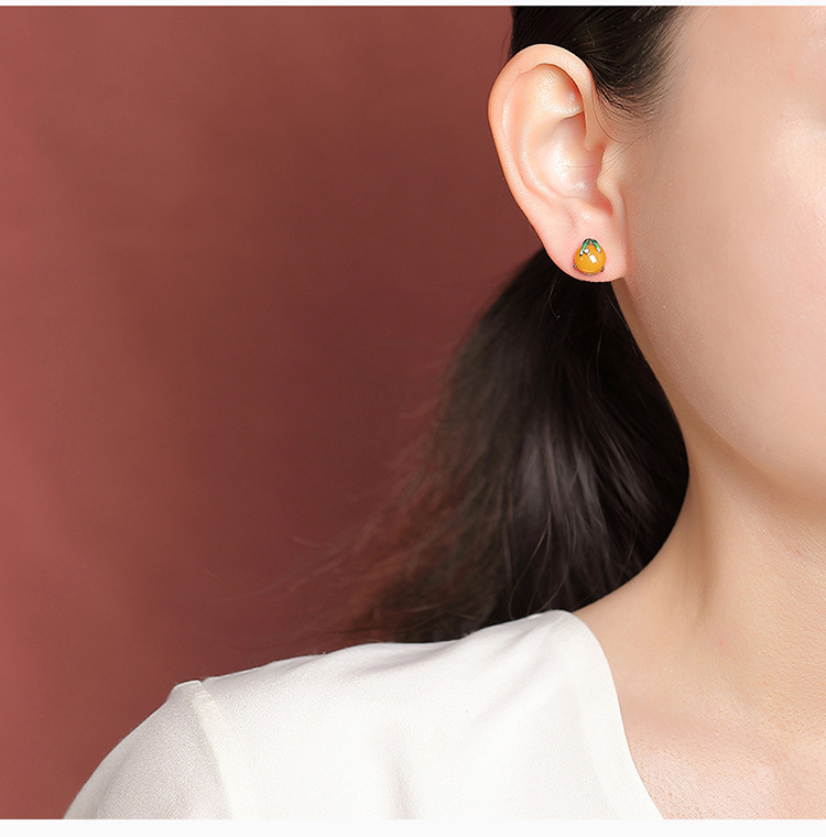Bông tai bạc S925 đính ngọc bích thiên nhiên và hổ phách phong cách quốc phong — Màu hổ phách chi tiết 7