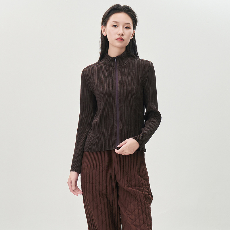 Miyake Slim Jacket Autumn and Winter New Retro Cocoa Brown Loose Zipper Long-Sleeved Fashion Versatile Cardigan Outer Wear