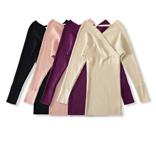 跨境女装批发 2025早秋新款欧美风一字肩V领长袖纯色针织连衣裙