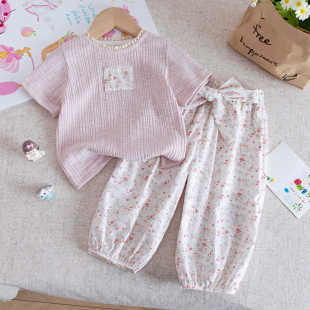 Girls' suit 2025 New Summer Children's Korean-style Sweet Floral Short-sleeved T-shirt Baby Girls' Lair Pants suit