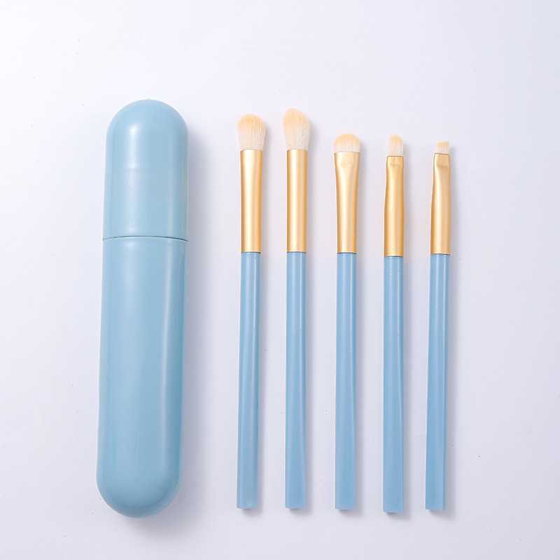 Macaron 5 conjuntos de cepillo de sombra de ojos, paquete de cepillo de maquillaje portátil azul 5 en 1, cepillo de alto brillo, cepillo de halo