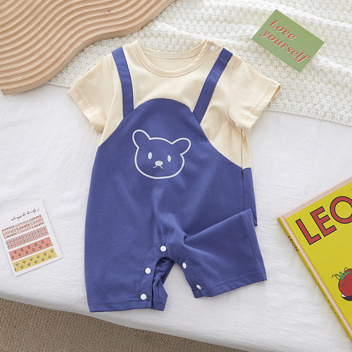 Summer Short Sleeve Crawling Suit for Newborns, Pure Cotton, Unisex Baby, Breathable Cartoon Bear, Thin and Breathable Onesie