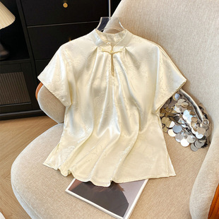 Spot New Chinese Style Retro Handmade Jacquard Satin Short-Sleeved Shirt High-End Lady Top
