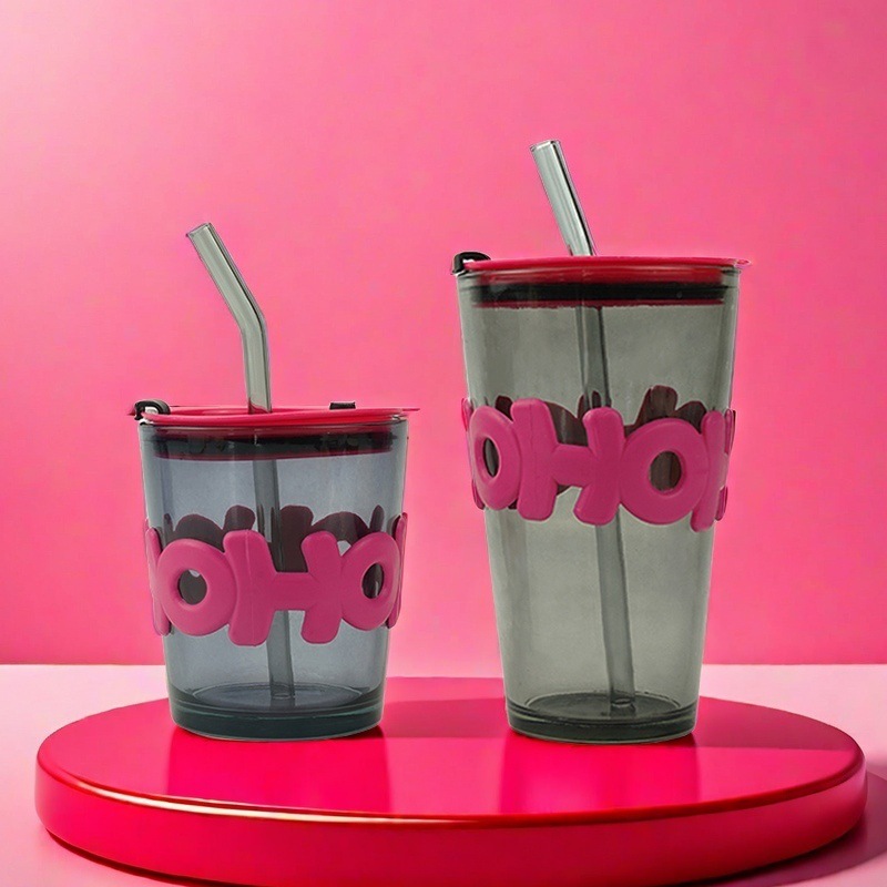 高颜值夏季直筒饮料玻璃杯ins风情侣字母吸管粉烟灰礼品两用水杯