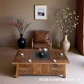 榆木实木围炉桌正方形茶室洽谈桌老榆木干泡茶台取暖烧烤煮茶桌厂