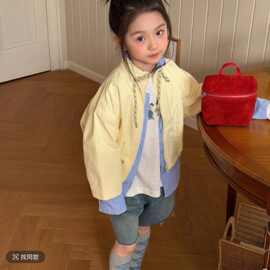 女童2026撞色拼接条纹假两件外套春季休闲夹克百搭牛仔短裤两件套