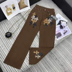 南油女装裤子批发2025早秋豹纹皮十字架直筒牛仔裤女复古克罗长裤