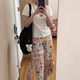 卡通涂鸦印花工装阔腿裤女夏季新款高腰jazz爵士直筒休闲拖地裤子