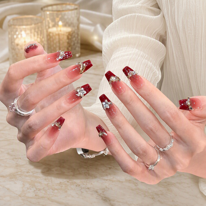 Burgundy Autumn and Winter New Style Pure Handmade French Wedding Nails with Sparkling Diamonds and High-End Manicure Mid-Length Ladder Burgundy Autumn and Winter New Style Pure Handmade French Wedding Nails with Sparkling Diamonds and High-End Manicure Mid-Length Ladder