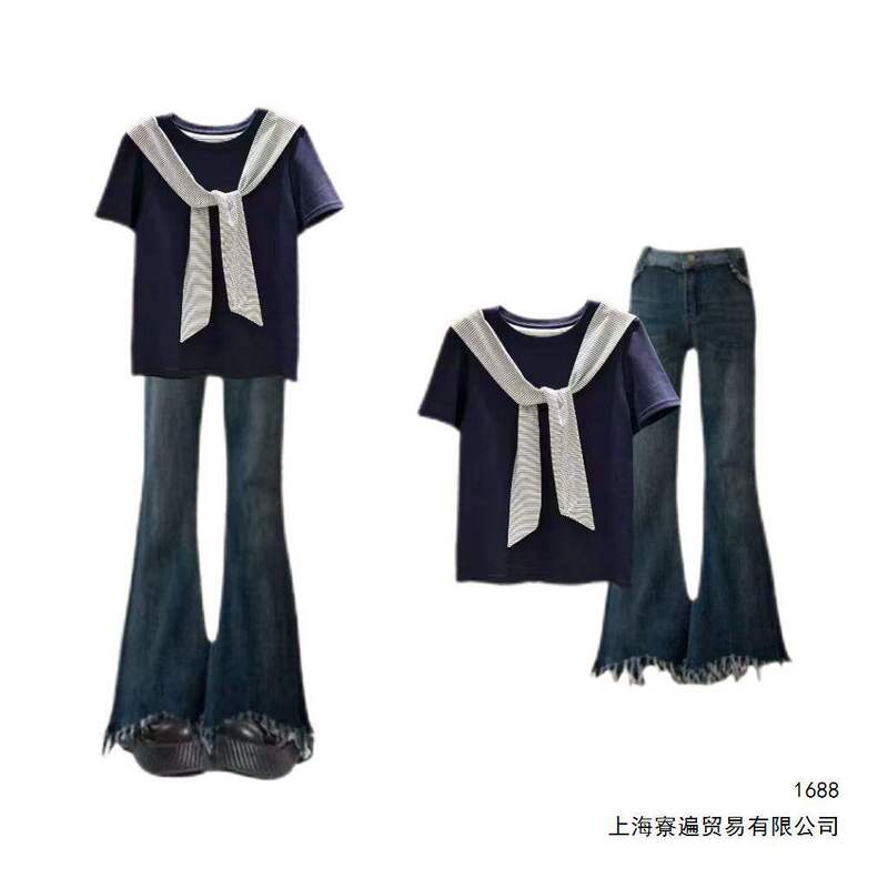 2026 New Summer Style Navy Collar Striped Shawl Short-Sleeved T-Shirt Paired with High-Waisted Flared Jeans Suit for Women