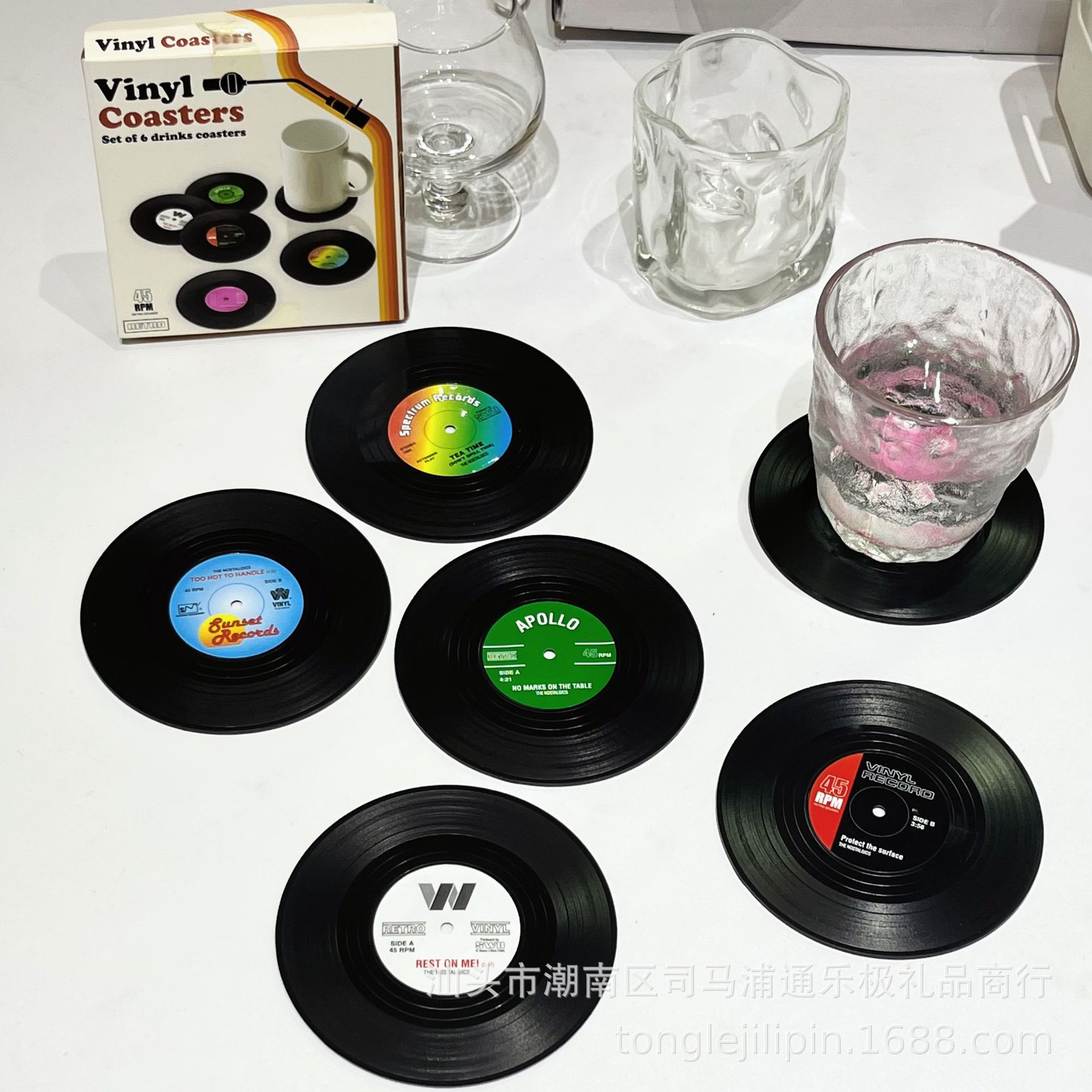 Posavasos de silicona transfronterizos, almohadillas retro para discos de vinilo y CD, almohadillas de aislamiento térmico, juego de seis piezas, posavasos redondos de aislamiento térmico