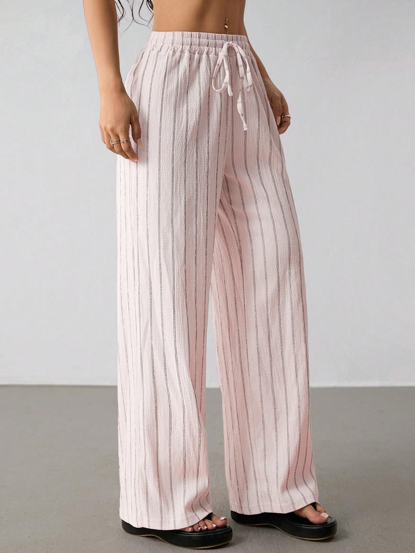 Damen Freizeithose Locker Gestreift Mit Elastischem Kordelzug_voghion.com