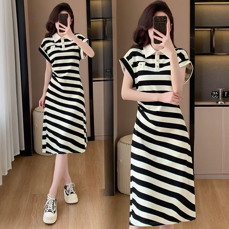 Popular Internet Celebrity Sports Casual Sweatshirt Summer Loose Slimming Look Elegant Age-Reducing High-End Polo Collar Stripesd Dress Popular Internet Celebrity Sports Casual Sweatshirt Summer Loose Slimming Look Elegant Age-Reducing High-End Polo Collar Stripesd Dress
