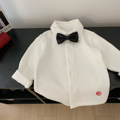 Meng Chen Chen's Mother's Boys' Clothing, New Year's Outfit for Little Boys, White Fleece Lined Shirt with Collar, Base Layer Shirt for Children
