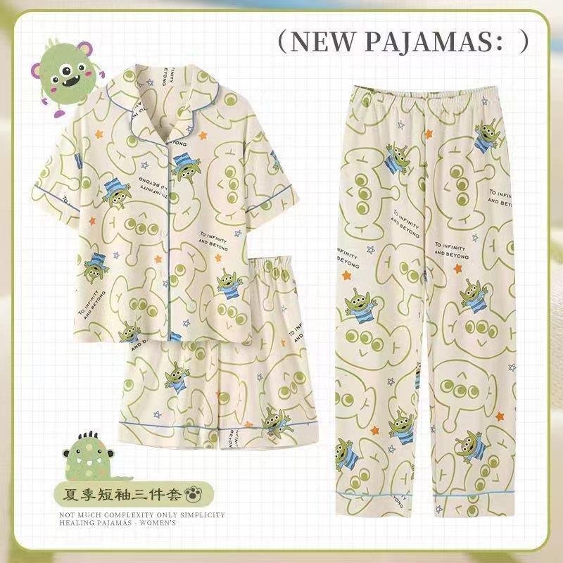 Pijamas de verano para mujer 2025, nuevo conjunto de tres piezas de cárdigan de manga corta, talla grande, delgado, pantalones largos, conjunto de ropa para estar en casa
