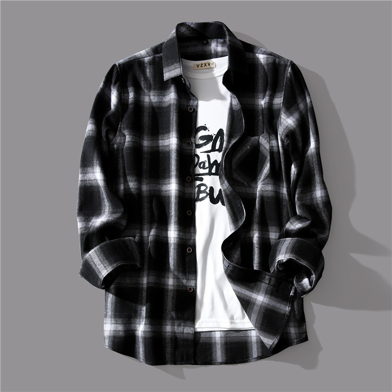 Black and white plaid shirt men's Korean...