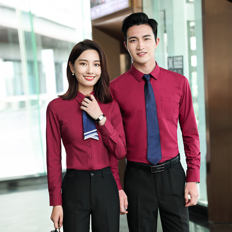 Wine Red Long Sleeve Same Style Shirt for Men and Women Business Wear Sales Department 4S Store Mobile Phone Store Work Clothes Slim Fit Modal