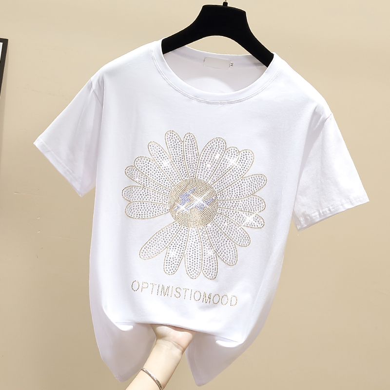 Women's Clothing Combed cotton ins heavy industry hot diamond loose t shirt women's short sleeves summer Internet celebrity Daisy large version sun_voghion.com