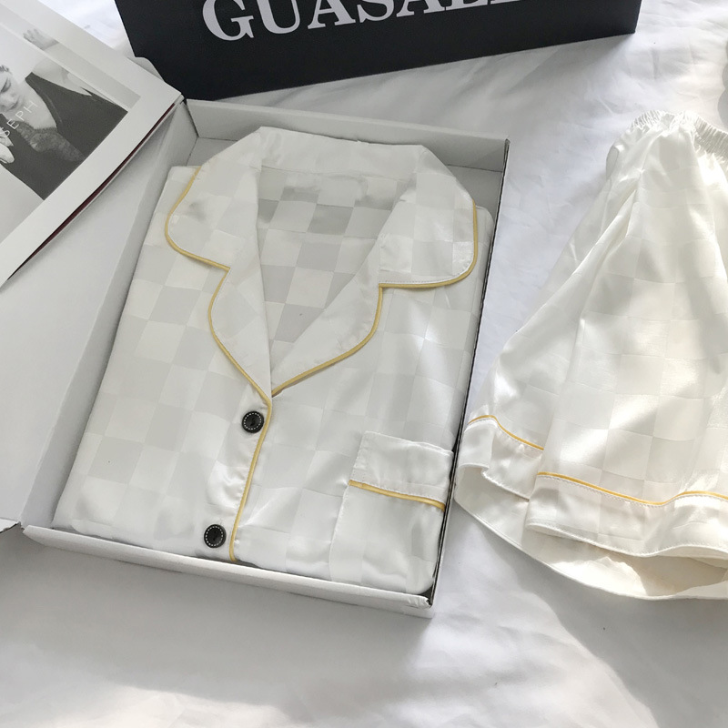 Pijamas de mujer de verano de seda de hielo de manga corta delgada de seda real de alto grado pata de gallo desgaste del hogar traje de hombre