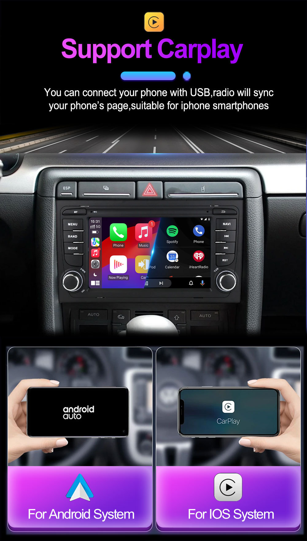 Suitable for 7inch Audi A4 Android Car Navigator Gpsmp5 Bluetooth Navigation All-In-One Carplay