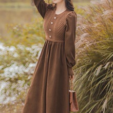 加厚针织连衣裙秋冬2025新款法式复古气质拼接打底内搭森系毛衣裙