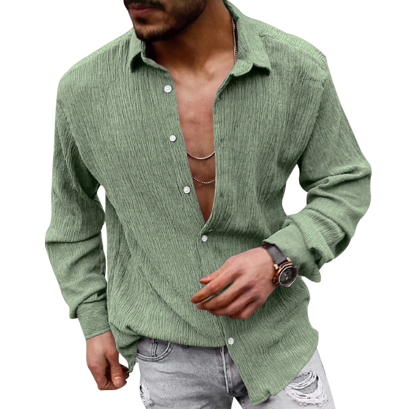 2023 Amazon camisa de manga larga de los hombres de primavera y otoño suelta más tamaño de la burbuja de tela de color sólido solapa camisa casual hombres