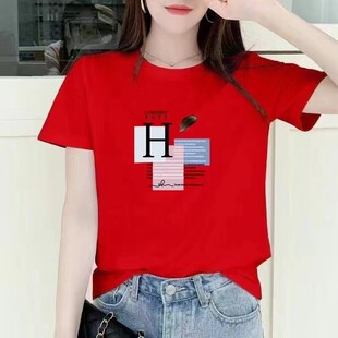2024 New Ice Porcelain Cotton T-Shirt Women's Korean Style Fashion Loose Casual Printed Easiest for Match Summer T-Shirt Short Sleeve Women's Top