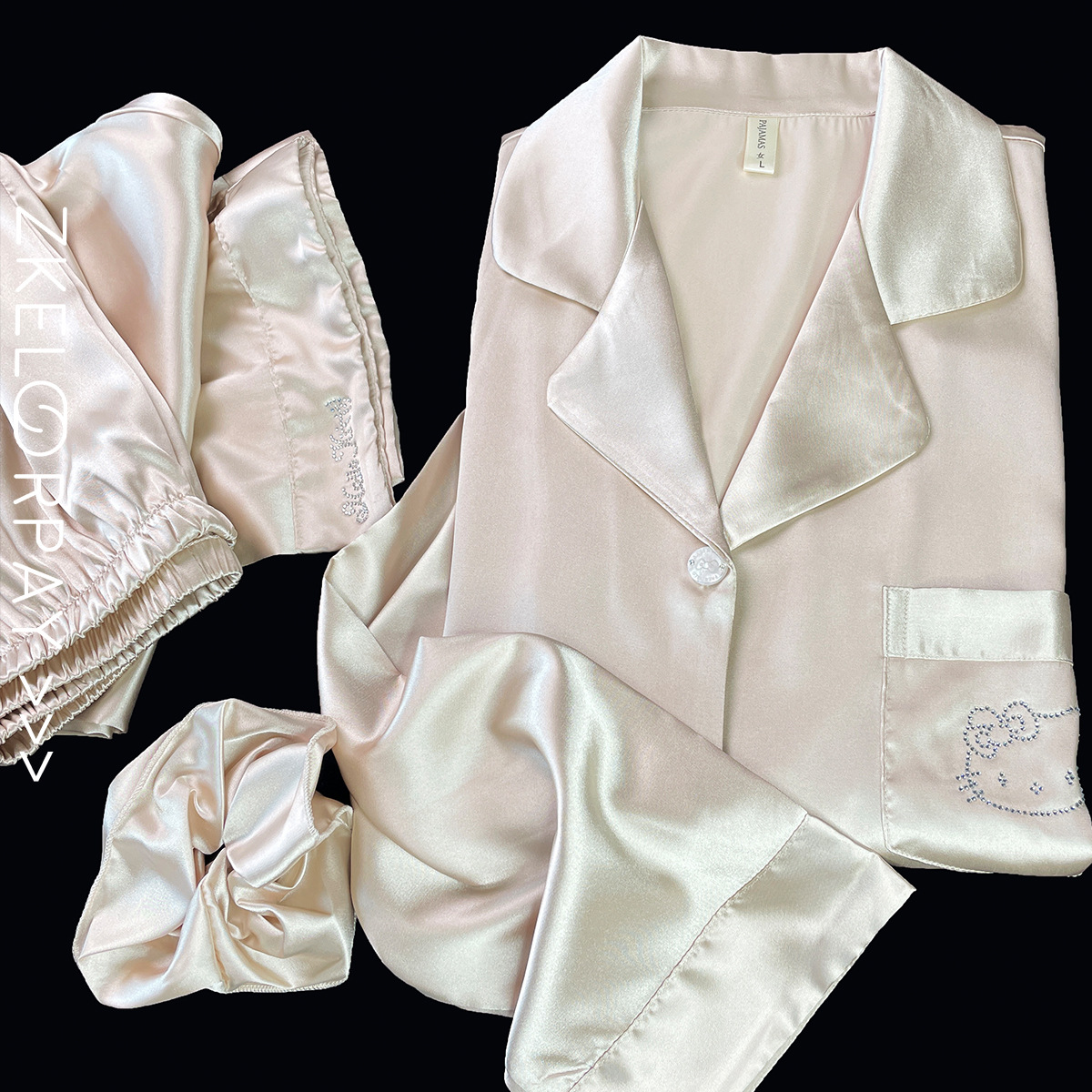 Gilded Moonlight Silk Rhinestone Cartoon High-End Ice Silk Pajamas Women's Set Long-Sleeved Spring and Autumn Silk Loungewear for Women