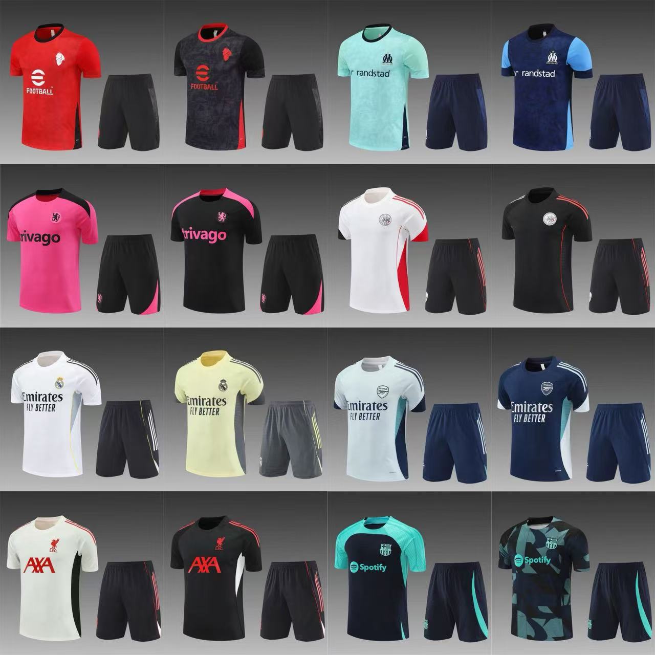 批发皇马巴萨AC米兰切尔西巴黎阿森纳马赛成人短袖足球训练服套装