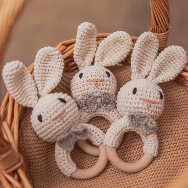 Bebé crochet jingle madera ganchillo hecho a mano conejito sonajero juguete sonajero bebé juguete Baoan