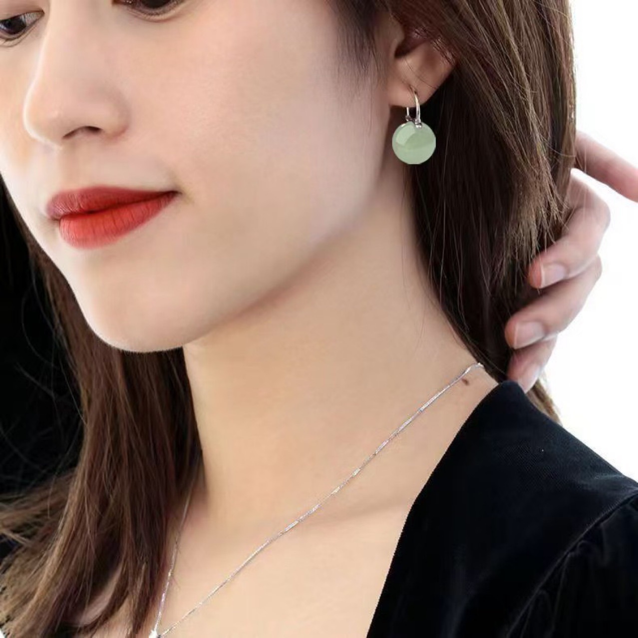 【14Mm】Palace Retro Classic Teapot Style Imitation Hetian Jade Jasper Earrings Buckle Sapphire Ear Hook Women's Earrings