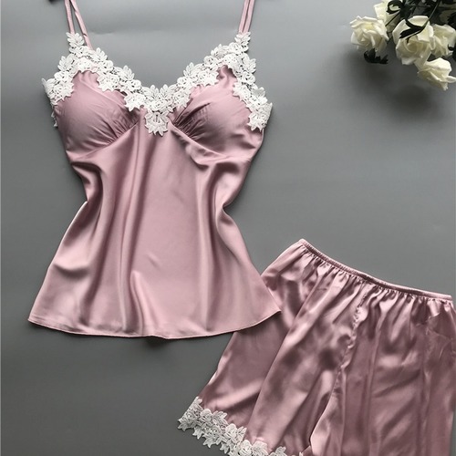 European and American sleepwear lace two-piece set silk-like home wear set for plus-size girls, summer loose fit