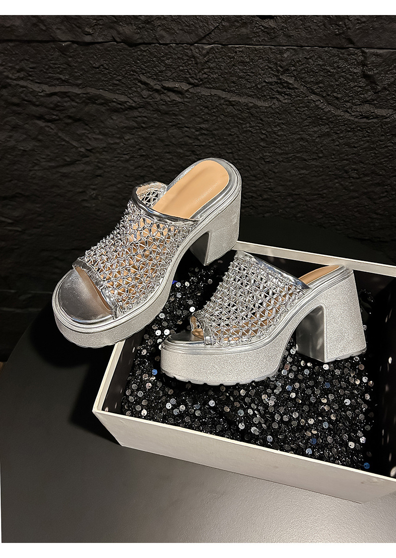 Sandal cao gót nữ hở mũi đế xuồng gót 10 cm quai ngang bện — màu đen, bạc chi tiết 14