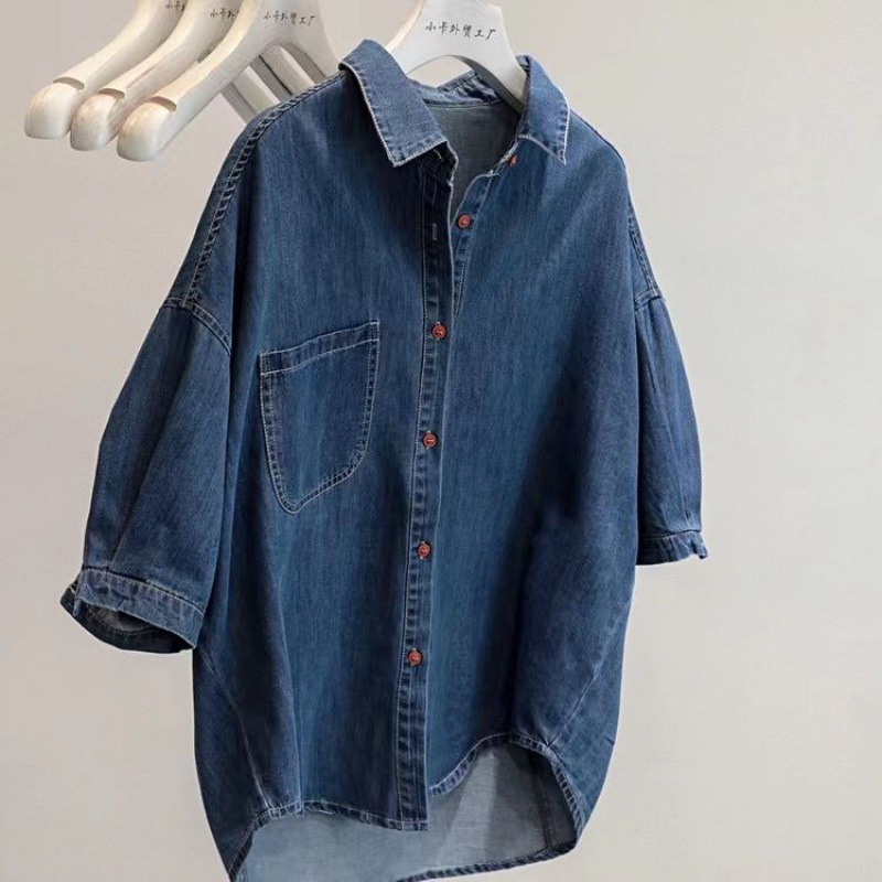 2023 Summer New Blue Polo Collar Single-Breasted Loose Casual Short-Sleeved Denim Shirt