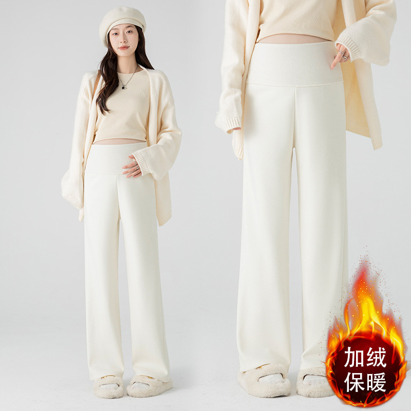 in stock Small Tall Pregnant Women's Pants Autumn and Winter fleece-lined Dagging Wide-leg Pants New Non-abdominal Pregnant Women's Pants