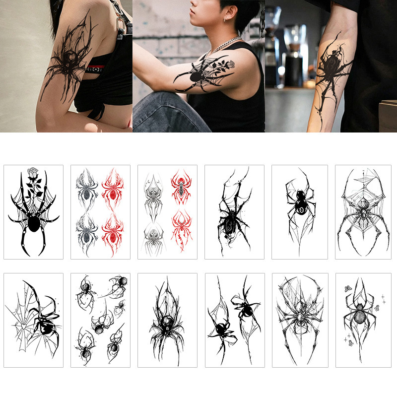 Dark Spider Tattoo Stickers European and American Style Arm Tattoo Stickers Waterproof Long-Lasting Halloween Tattoo Stickers for Men and Women