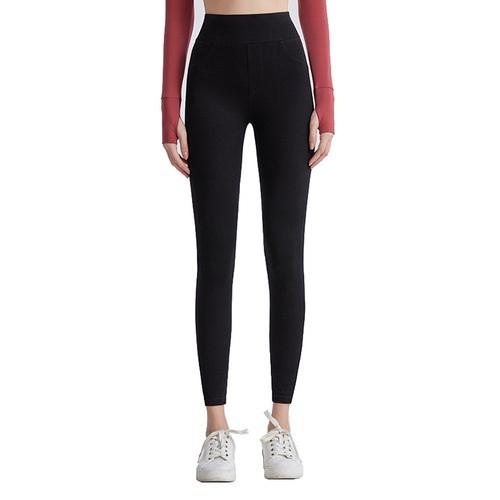 Imitation denim fitness pants for women, high waist slimming butt lift peach stretch outer wear double pocket running yoga casual pants