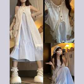跨境5夏季新新套装女童时尚百搭罩衫+连衣裙两件套成人可穿拼接中