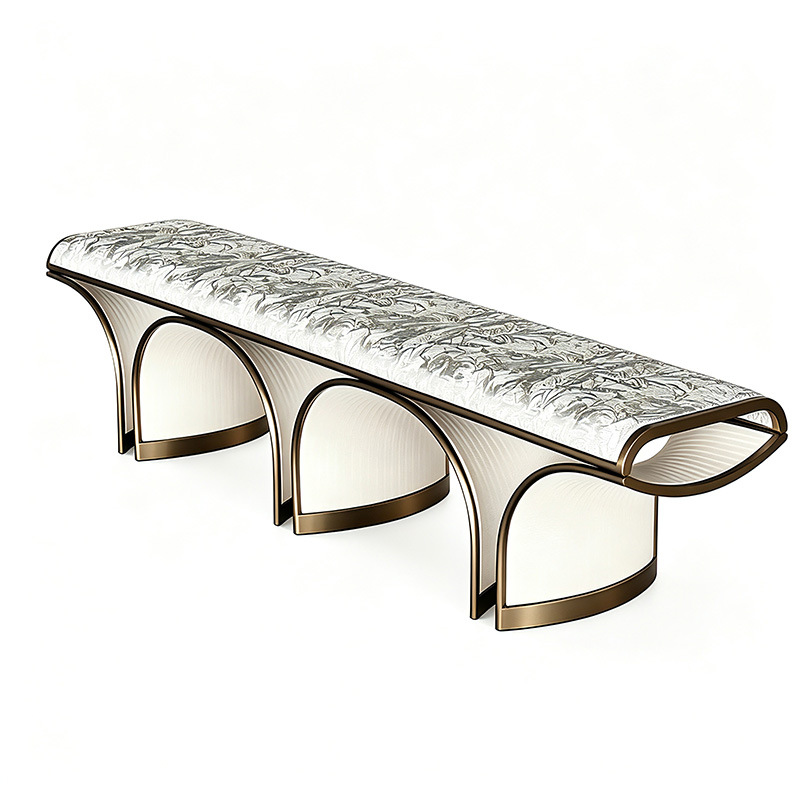 Italian-style light luxury high-end stainless steel long bench, modern designer model, bedroom end-of-bed bench, villa luxury shoe-changing bench