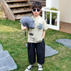 男の子用夏漢服、新中式中国風唐装セット、子供用立体花柄高級日常礼服セット