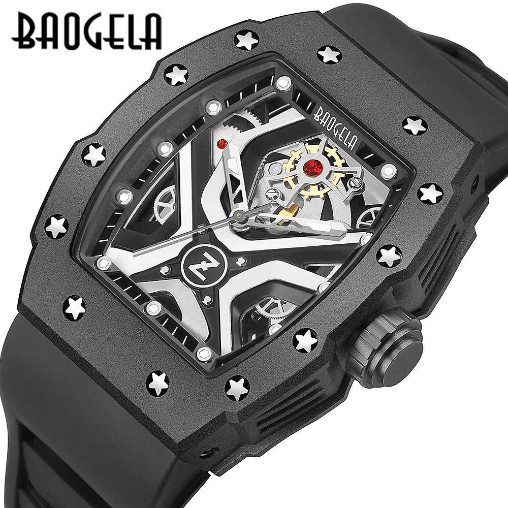 Neue BAOGELA Heißer Verkauf Wein Eimer Uhr männer Silikon Nacht Leuchten Hohl Oberfläche Präzision Stahl Motorrad Stil Sport herren Uhr_voghion.com