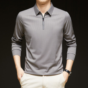 Cross-border Men's Long-sleeved T-shirt Spring and Autumn Half Zipper Ice Silk Solid Color Lar Polo Shirt New Top Base Shirt